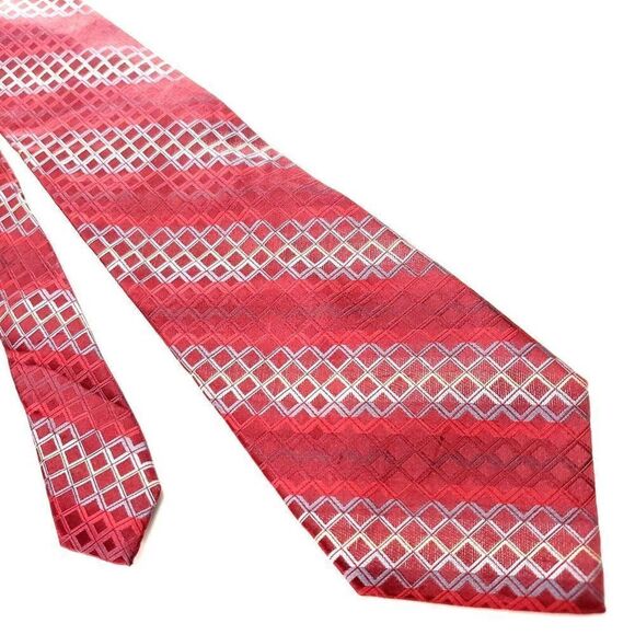 Perry Ellis Portfolio Red Silk Tie Woven Check Regimental - Picture 1 of 7